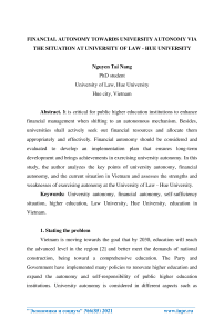 Financial autonomy towards university autonomy via the situation at university of law - hue university