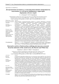 Деструкционная активность углеводородокисляющих микромицетов, выделенных из субстратов прибрежных территорий Баренцева и Белого морей