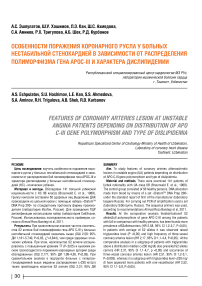 Особенности поражения коронарного русла у больных нестабильной стенокардией в зависимости от распределения полиморфизма гена APO С-III и характера дислипидемии