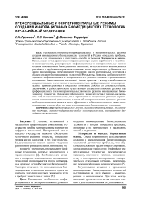 Преференциальные и экспериментальные режимы создания инновационных биомедицинских технологий в Российской Федерации