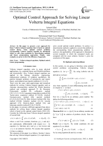 Optimal Control Approach for Solving Linear Volterra Integral Equations
