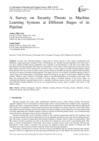 A Survey on Security Threats to Machine Learning Systems at Different Stages of its Pipeline